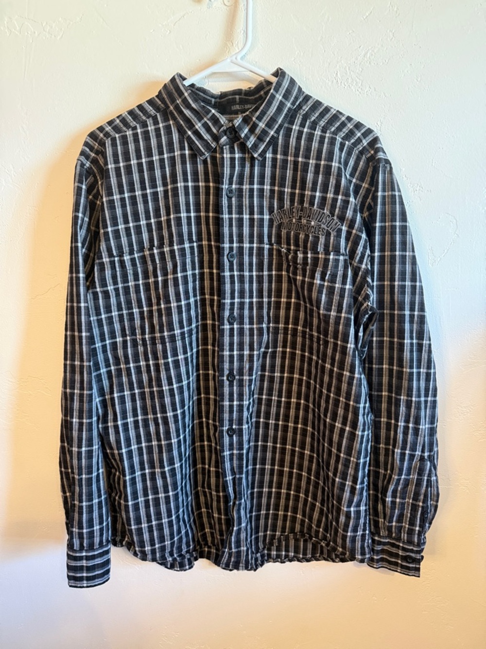 Harley-Davidson Black and White Plaid Button-Down Shirt with Chest Logo